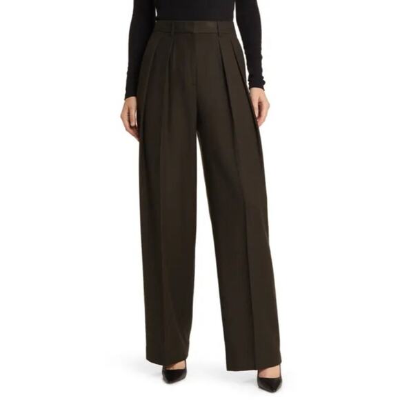 Theory Double Pleat Wool Pant in Sleek Flannel Thyme Olive Womens Size 4 - Picture 1 of 6
